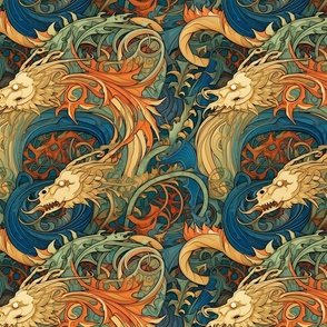 art nouveau dragon in teal green and orange gold