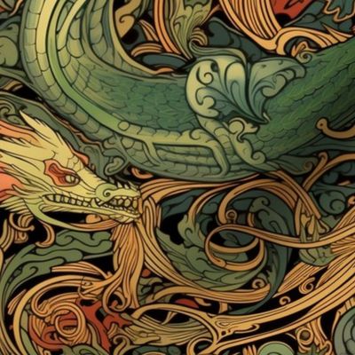 art nouveau dragon in green and orange gold