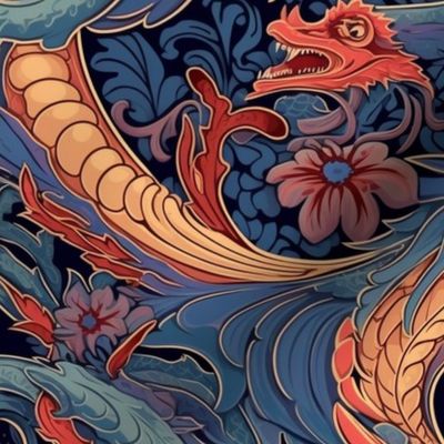 art nouveau dragon in red purple botanical