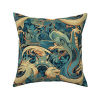 teal green and gold orange art nouveau dragons