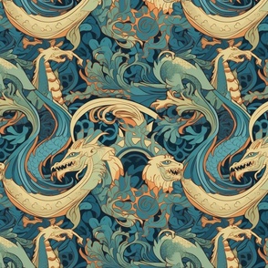 teal green and gold orange art nouveau dragons