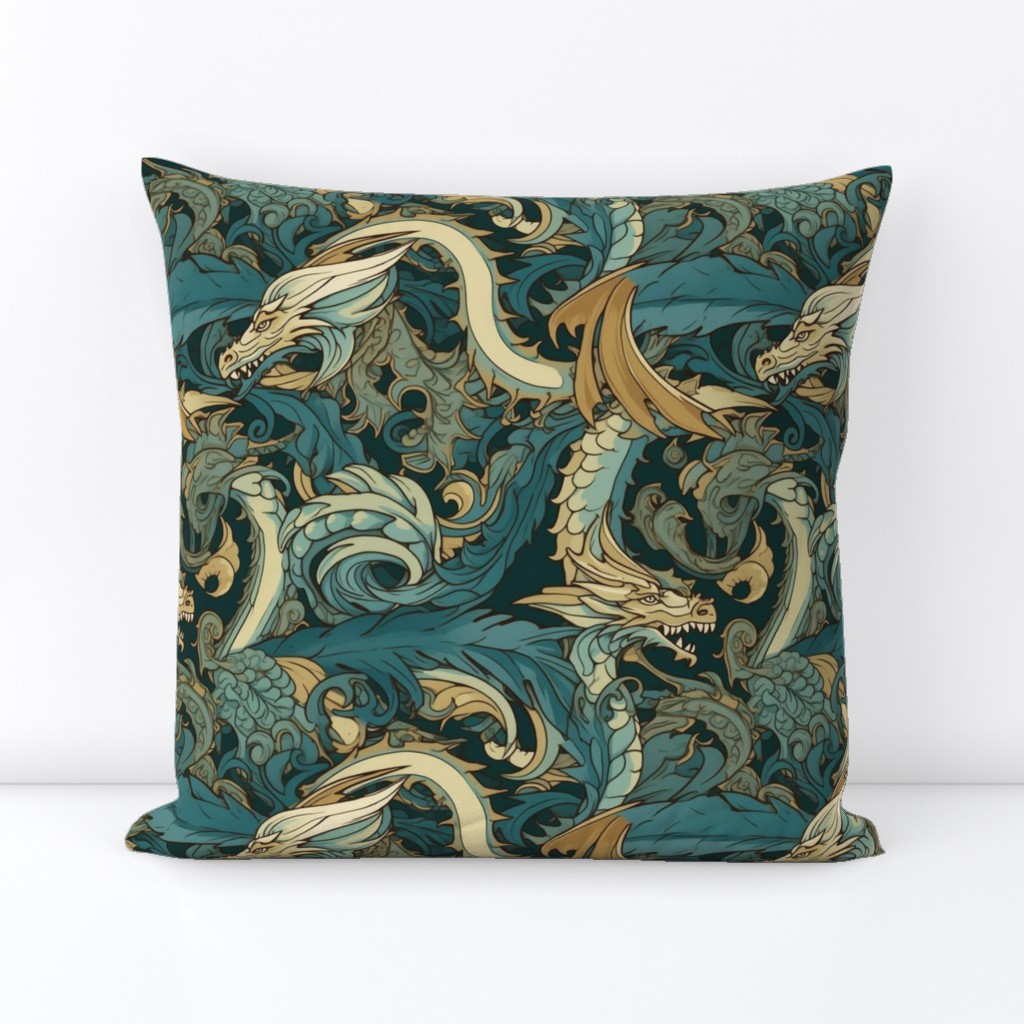 art  nouveau asian dragons in green teal and gold brown