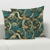 art  nouveau asian dragons in green teal and gold brown