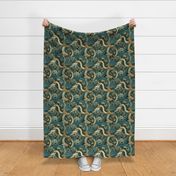 art  nouveau asian dragons in green teal and gold brown