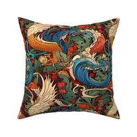 teal green and orange gold red art nouveau abstract dragon botanical
