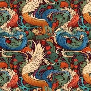 teal green and orange gold red art nouveau abstract dragon botanical
