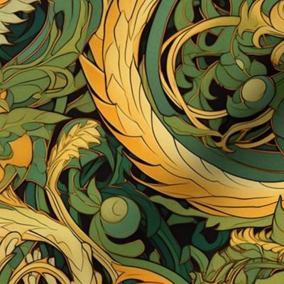 art nouveau dragon in gold and green