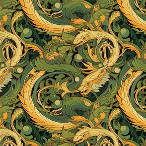 art nouveau dragon in gold and green