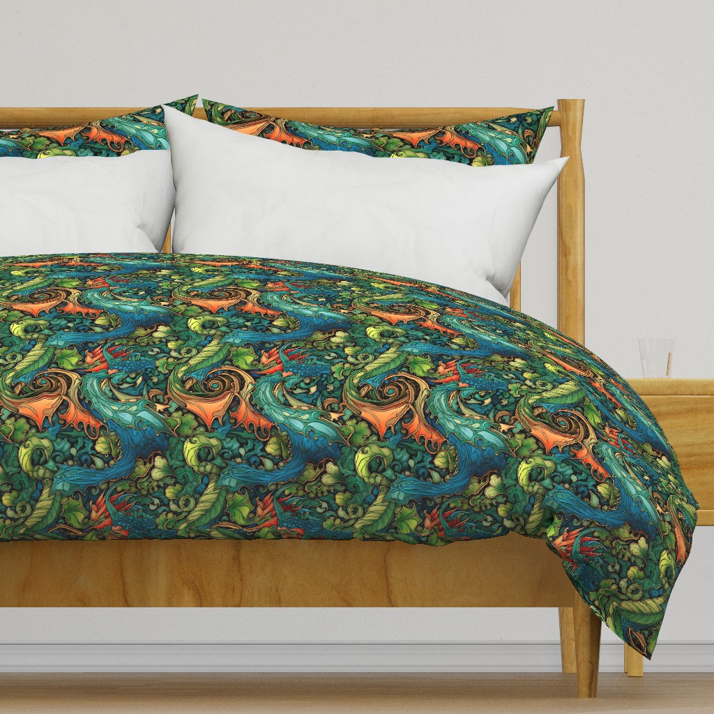 art nouveau abstract dragons in green blue and red orange