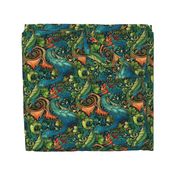 art nouveau abstract dragons in green blue and red orange