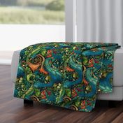 art nouveau abstract dragons in green blue and red orange
