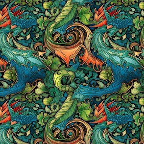 art nouveau abstract dragons in green blue and red orange
