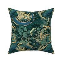 art nouveau teal green and gold dragons