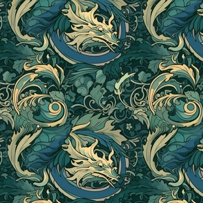 art nouveau teal green and gold dragons