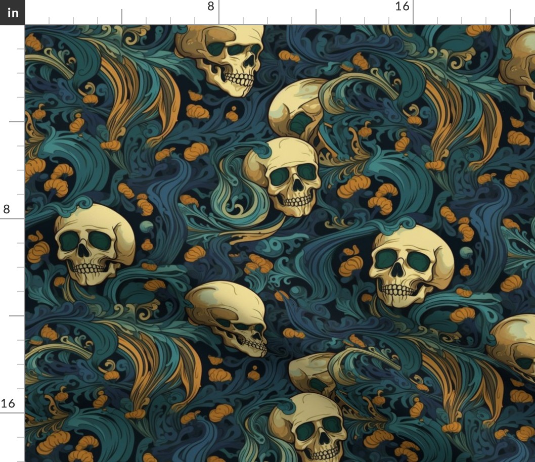 teal and gold art nouveau gothic skulls