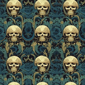 art nouveau skulls in teal and gold