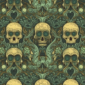 botanical art nouveau skulls in teal green and white