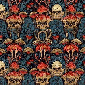 psychedelic mushroom skulls in red and gold