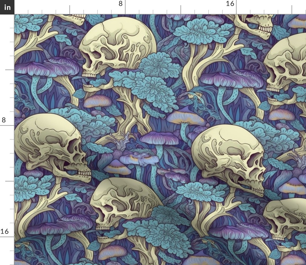 victorian mushroom skulls in purple and aqua blue