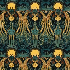gold and green teal art nouveau jellyfish pattern