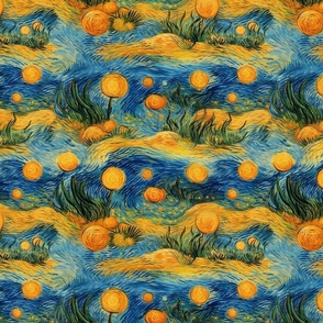 van gogh inspired golden sun landscape in blue and green