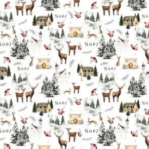 10" Snowy Noel winter landscape with magical vintage castles, houses and watercolor animals like deer, hare, and trees covered with snow - for Nursery