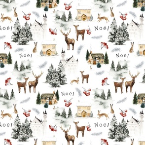 12" Snowy Noel winter landscape with magical vintage castles, houses and watercolor animals like deer, hare, and trees covered with snow - for Nursery