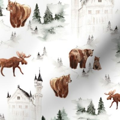 10" Snowy winter landscape with magical vintage castle neuschwanstein and watercolor  animals like bear,moose, and trees covered with snow - for Nursery