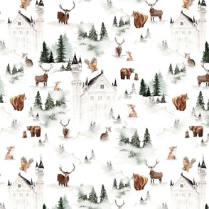 14" Snowy winter landscape with magical vintage castles and watercolor  animals like deer,fox,bear,owl birds and trees covered with snow - for Nursery