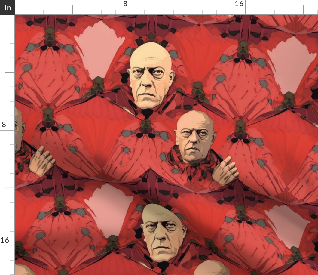 surreal portrait in red of aleister crowley
