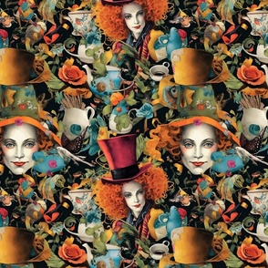 surreal botanical portrait of the mad hatter at the tea party