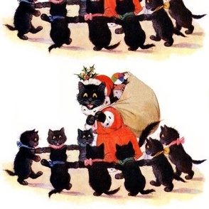 8 black cats kittens bows ribbons Santa Claus Merry Christmas sack toys gifts presents red mistletoe children singing dancing circle retro kitsch cute star adorable   