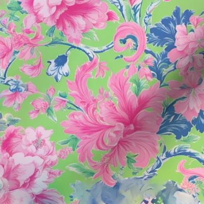 French toile florals on pink and green
