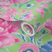 French toile florals on pink and green