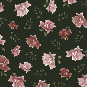 Bold and Feminine Hand Painted  Roses on Dark Forest Green