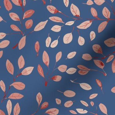 flying falling leaves in shades of  red and pink on blue - medium scale