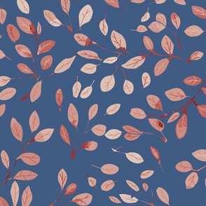 flying falling leaves in shades of  red and pink on blue - large scale