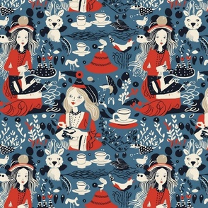 alice in wonderland with the white rabbit and mad tea party