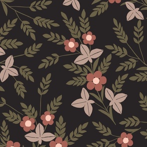 Jumbo Art Nouveau Folk Floral in terracotta red with sage and gold on black 
