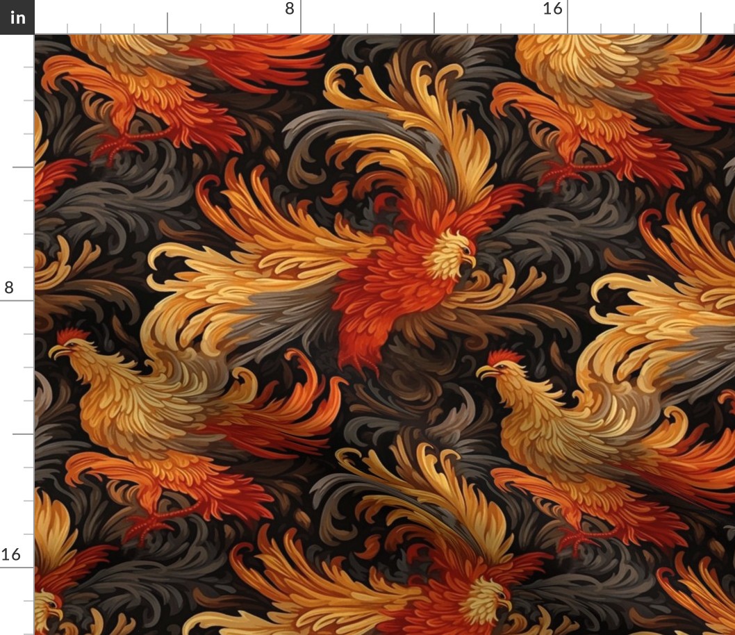 fire bird phoenix in red and gold feathers inspired by da vinci