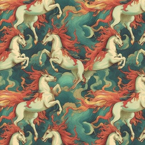 red mane unicorn horses on the move inspired by da vinci