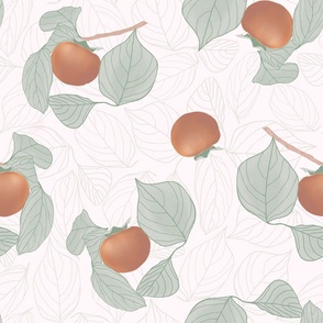 Hand Painted Persimmon Fruit and Leaves in rust orange and green on ivory