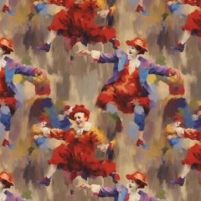 clowns in an abstract circus inspired by degas