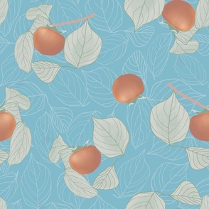 Hand Painted Persimmon Fruit and Leaves in rust orange, white and green on teal