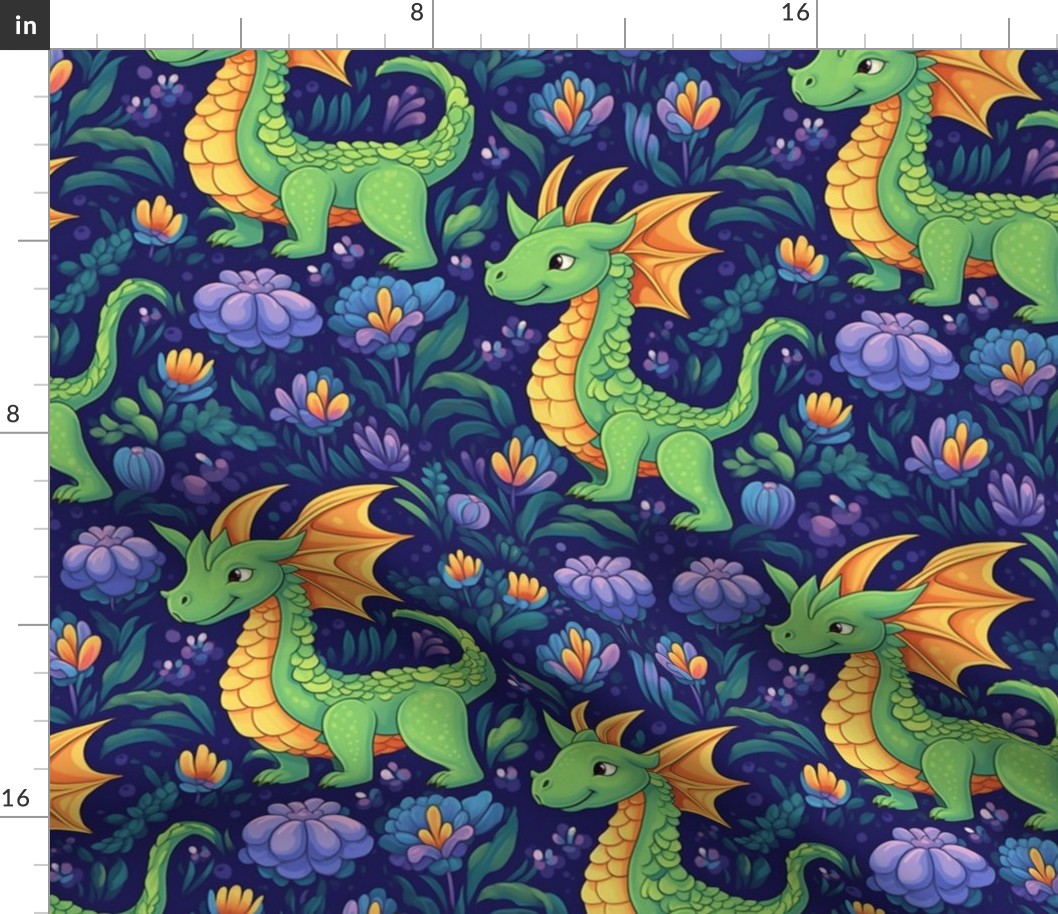 fairy tale floral dragon in green gold and purple