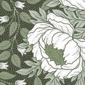 Art Nouveau Peony sage green on dark green background L scale
