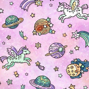 Fairy Space Adventure. Surrealistic Unicorns on Pink.