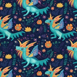 fairy dragon in teal and gold floral