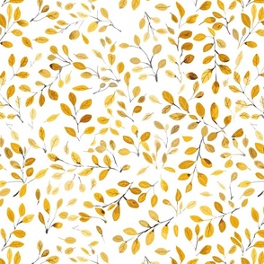 flying falling leaves in shades of yellow on white - medium scale