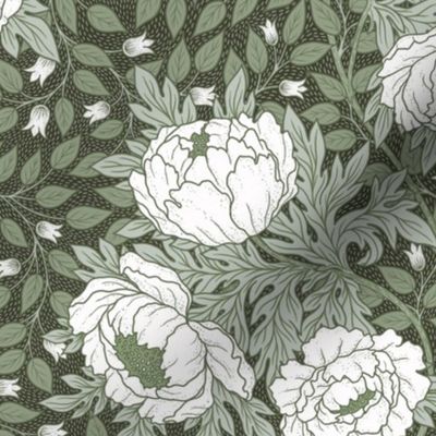 Art Nouveau Peony sage green on dark green background M scale